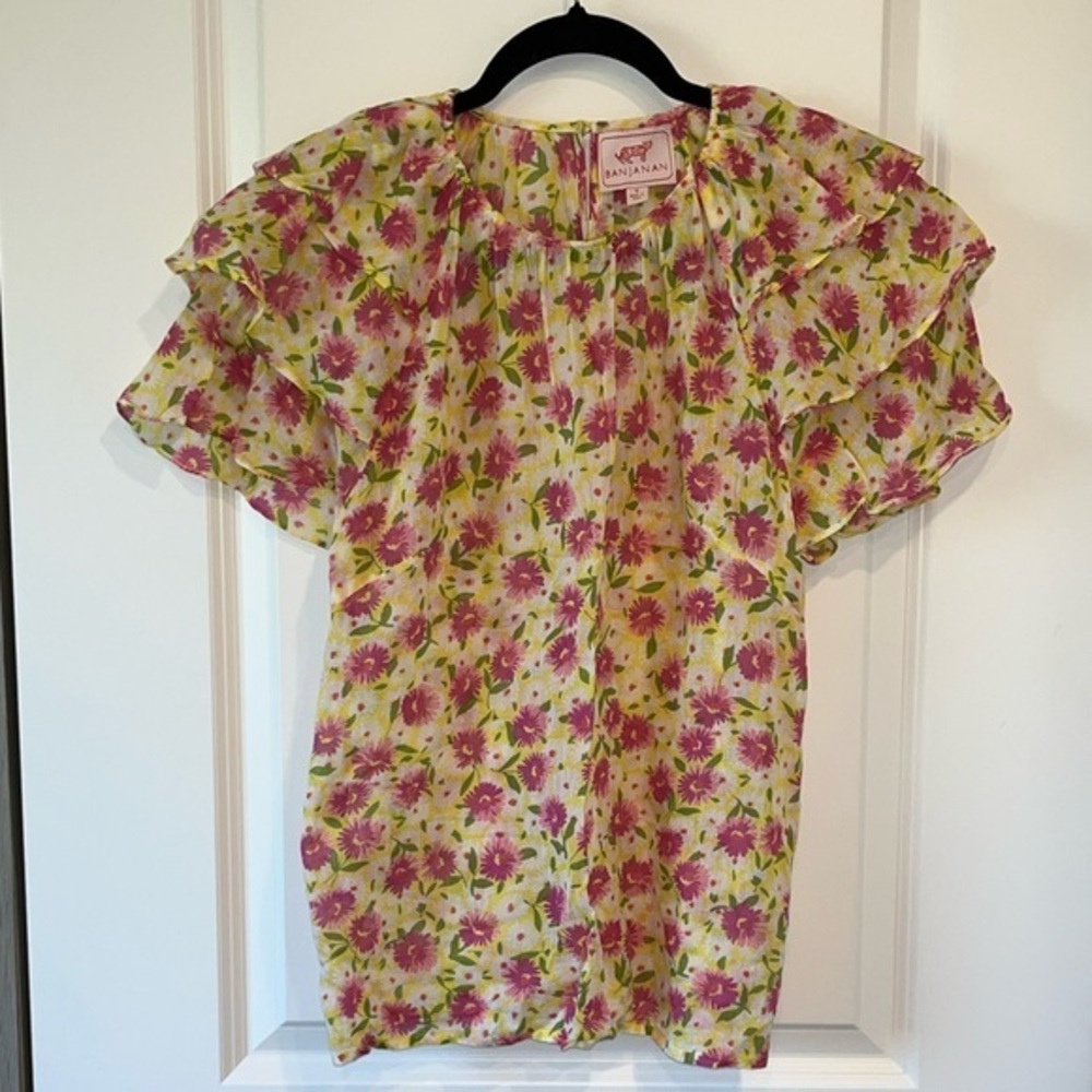 Banjanan Andrea Top Sz. S Floral Short Flutter Sleeve Delicate Feminine Boho